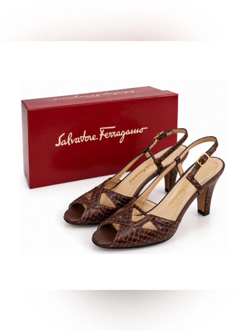 Vintage 80s Ferragamo Snakeskin Peep Toe Slingback Heels 7 Brown Mob Wife